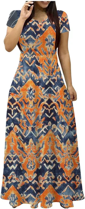 Sundresses for Women Short Sleeve Dressy Elegant Floral Maxi Dress Pleated Summer Flowy V Neck Wedding Guest Dress