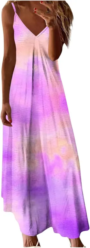 Sundresses for Women Spring Dresses V Neck Summer Flowy Maxi Dress Elegant Casual Sleeveless Beach Sundress