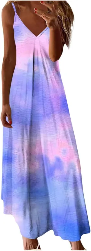 Sundresses for Women Spring Dresses V Neck Summer Flowy Maxi Dress Elegant Casual Sleeveless Beach Sundress