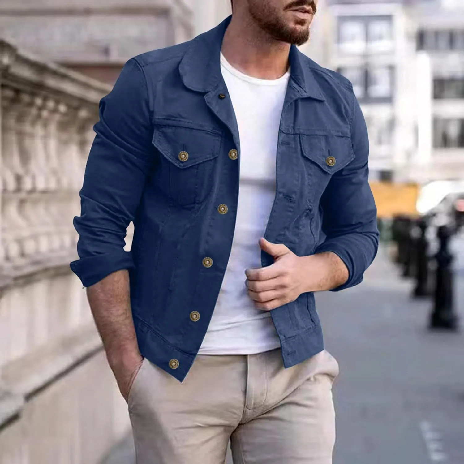 SUWBMHWE Men's Casual Classic Denim Jacket Military Jackets Slim Fit Fashion Jean Coat Button Down Cowboy Coats