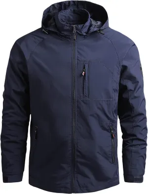 SUWBMHWE Men’s Tactical Jacket Lightweight Waterproof Windproof Jacket Hooded Zipper Windbreaker Hiking Running Coat