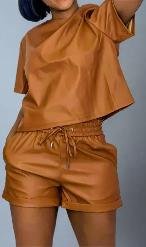 Sweet Carmel Vegan Leather top & shorts 2pc set