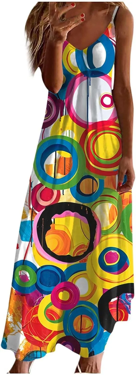 TANGNADE Summer Dress for Women 2024 Casual Spaghetti Strap Sleeveless V Neck Long Flowy Dresses Fashion Casual Sundress