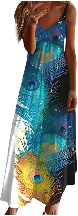 TANGNADE Summer Dress for Women 2024 Casual Spaghetti Strap Sleeveless V Neck Long Flowy Dresses Fashion Casual Sundress