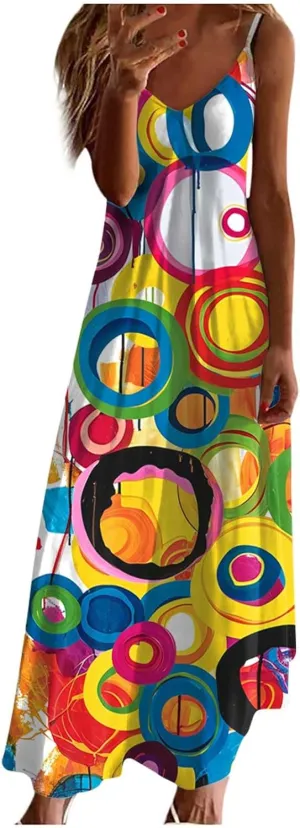 TANGNADE Summer Dress for Women 2024 Casual Spaghetti Strap Sleeveless V Neck Long Flowy Dresses Fashion Casual Sundress