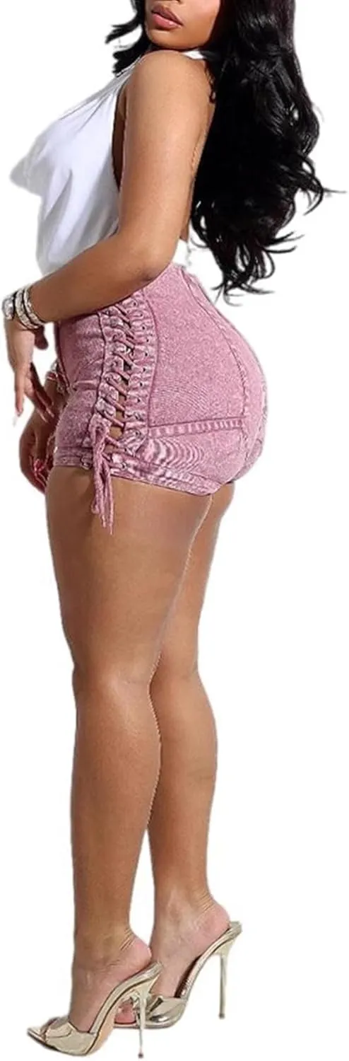 Tcremisa Womens Fashion Skinny Drawstring Denim Shorts High Waisted Y2k Lace-Up Bodycon Cargo Jean Shorts