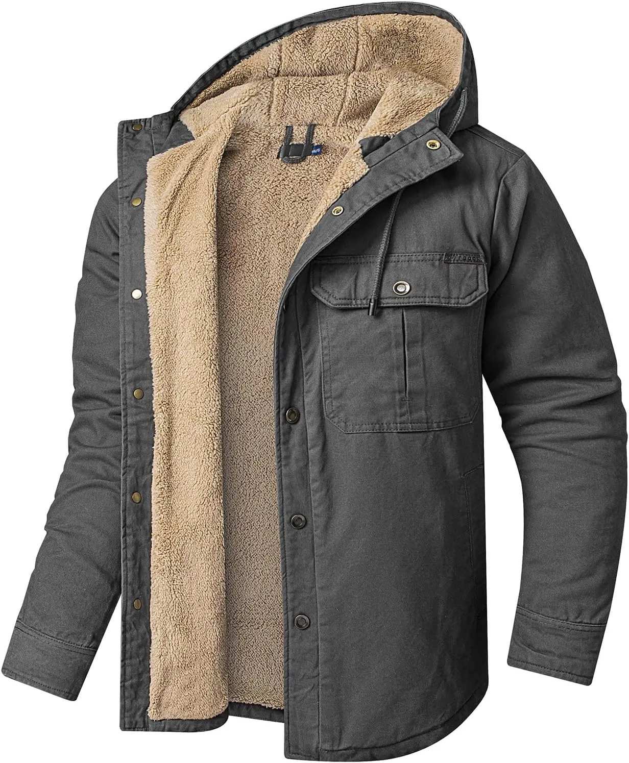 Thatrich Men's Sherpa Lined Jacket Fleece Hooded Coat Oversized Warm Jackets Button Down Coats Loose Overcoat Casual Outwears
