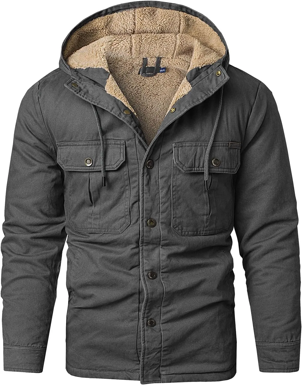 Thatrich Men's Sherpa Lined Jacket Fleece Hooded Coat Oversized Warm Jackets Button Down Coats Loose Overcoat Casual Outwears