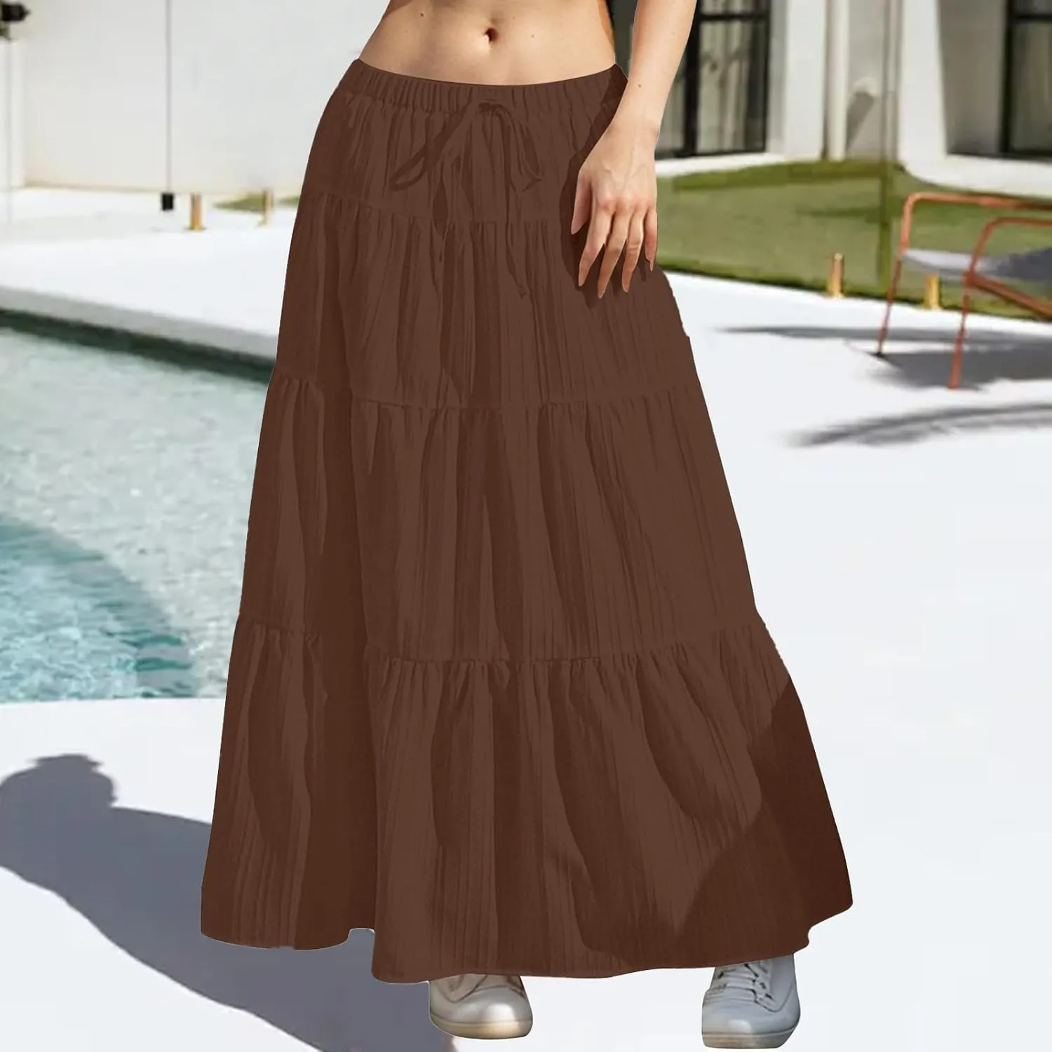Tiered Long Skirts for Women Drawstring High Waisted Pleated Ruffle Maxi Skirt Flowy Swing Vacation Beach Skirt