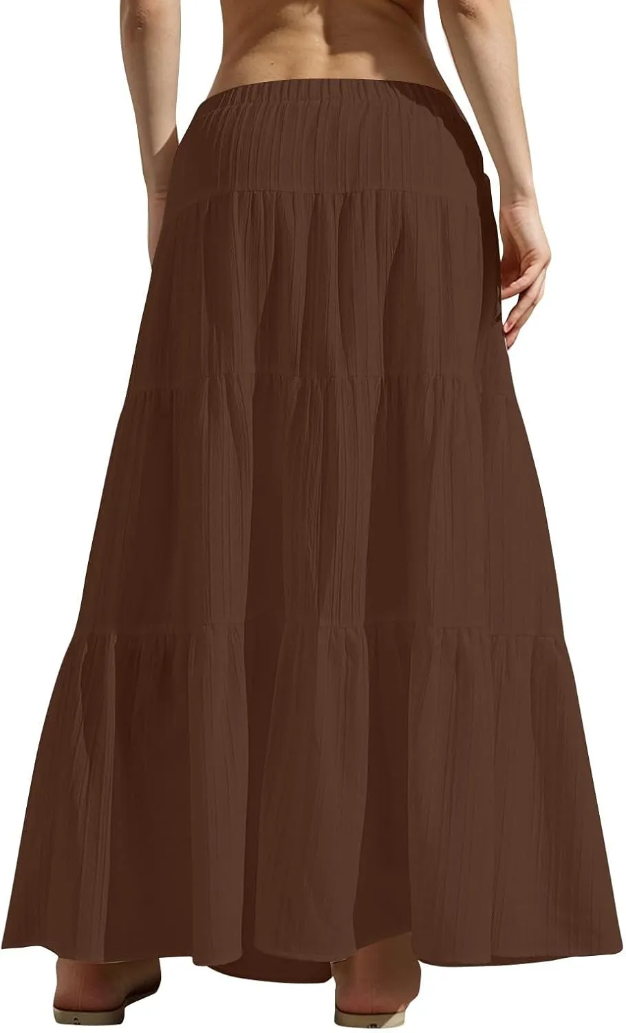 Tiered Long Skirts for Women Drawstring High Waisted Pleated Ruffle Maxi Skirt Flowy Swing Vacation Beach Skirt