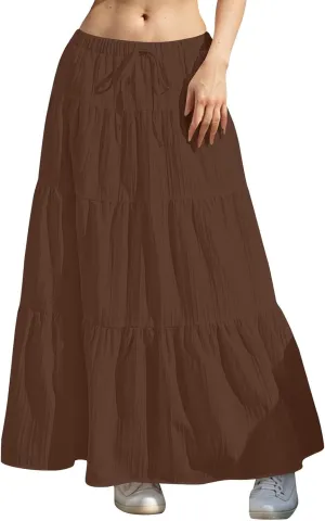 Tiered Long Skirts for Women Drawstring High Waisted Pleated Ruffle Maxi Skirt Flowy Swing Vacation Beach Skirt