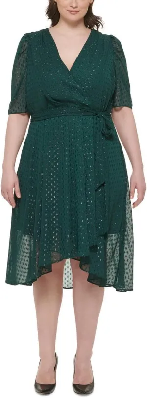 Tommy Hilfiger Women's V Neck Faux Wrap Midi Dress