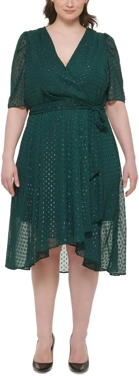 Tommy Hilfiger Women's V Neck Faux Wrap Midi Dress