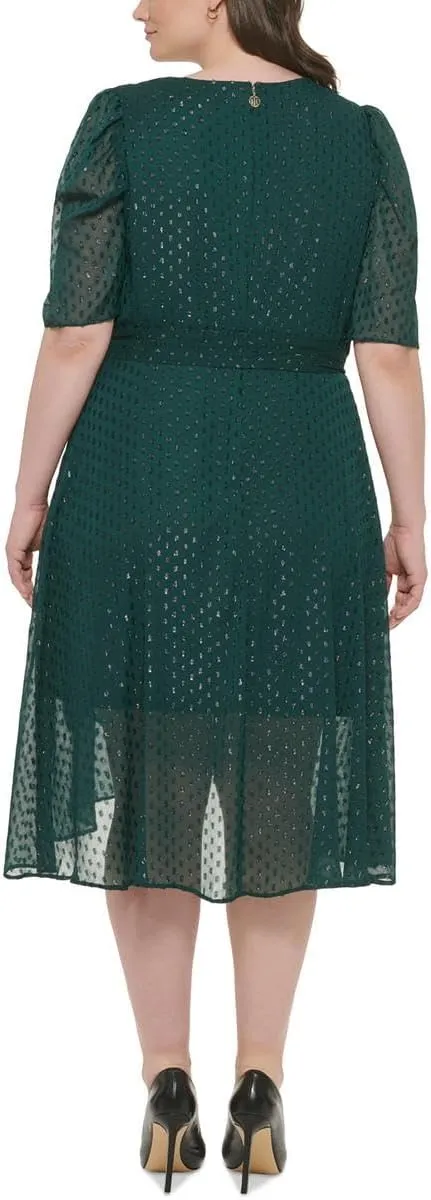 Tommy Hilfiger Women's V Neck Faux Wrap Midi Dress