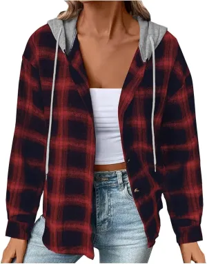 Trench Coat for Women 2024 Plaid Long Sleeve Cardigan Tops Mid-length Hooded Jackets Outerwear Winter Coats