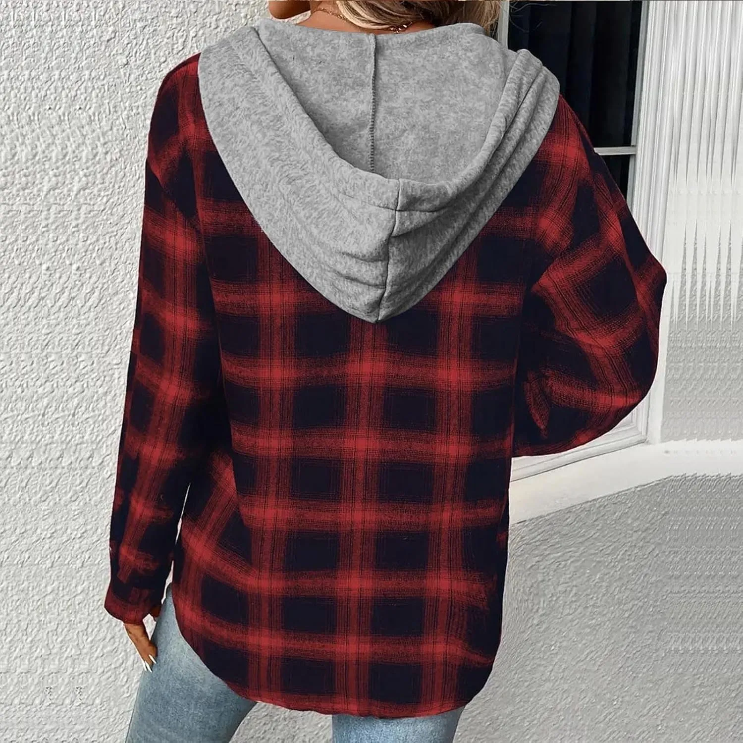Trench Coat for Women 2024 Plaid Long Sleeve Cardigan Tops Mid-length Hooded Jackets Outerwear Winter Coats
