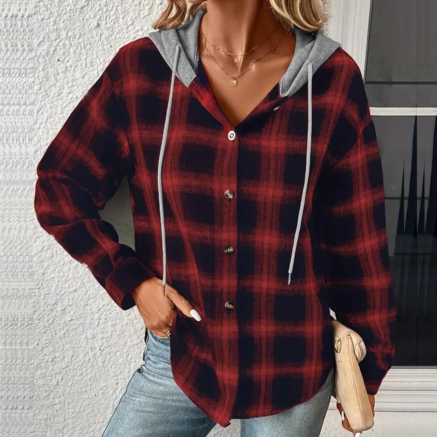 Trench Coat for Women 2024 Plaid Long Sleeve Cardigan Tops Mid-length Hooded Jackets Outerwear Winter Coats