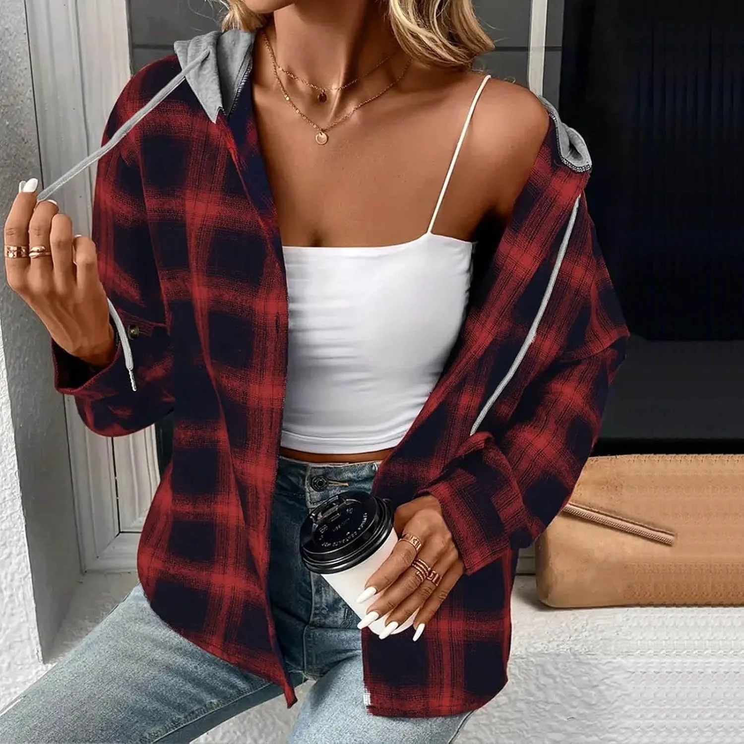 Trench Coat for Women 2024 Plaid Long Sleeve Cardigan Tops Mid-length Hooded Jackets Outerwear Winter Coats