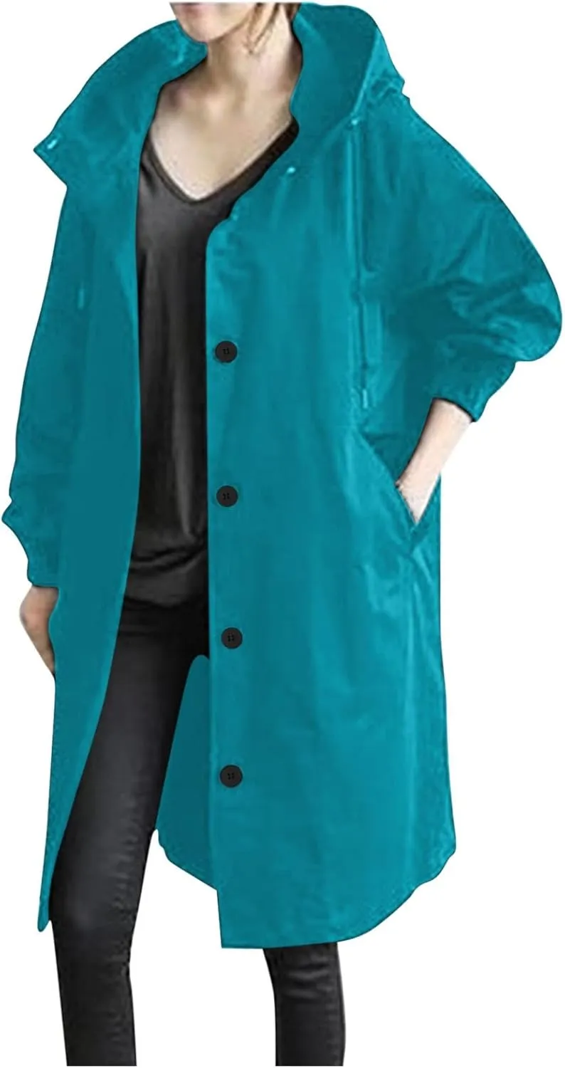 Trench Coats Women Plus Size Rain Jacket Long Anorak Jackets Oversized Hooded Waterproof Windbreaker Button Outerwear
