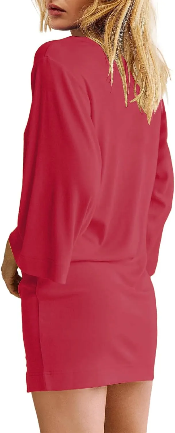 Tshirt Dress Women 3/4 Sleeve Crewneck Mimi Dresses Fit Slit Tee Dress Summer Casual Solid Color Dresses 2025