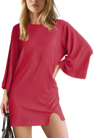 Tshirt Dress Women 3/4 Sleeve Crewneck Mimi Dresses Fit Slit Tee Dress Summer Casual Solid Color Dresses 2025