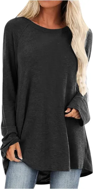 Tunic Tops for Women Loose Fit Dressy Long Sleeve Crew Neck T Shirts Oversized Casual Blouse Swing Flare Pullover