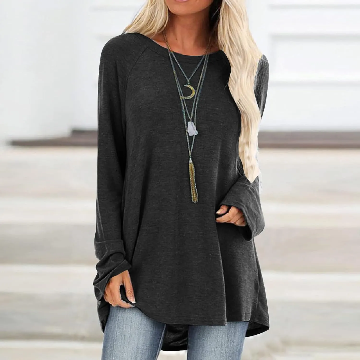 Tunic Tops for Women Loose Fit Dressy Long Sleeve Crew Neck T Shirts Oversized Casual Blouse Swing Flare Pullover