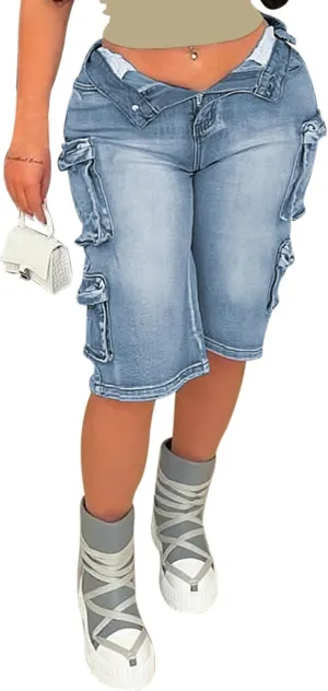Unybwonn Women Jean Shorts Cargo High Waisted Straight Leg Denim Jorts Shorts Baggy Bermuda Short