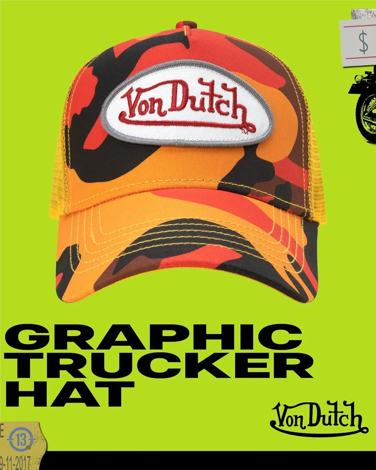 Von Dutch Monogram Trucker Cap - Retro Snapback Cap for Men and Women - Adjustable Snap Fit Panel, Mesh Rear, Curved Bill