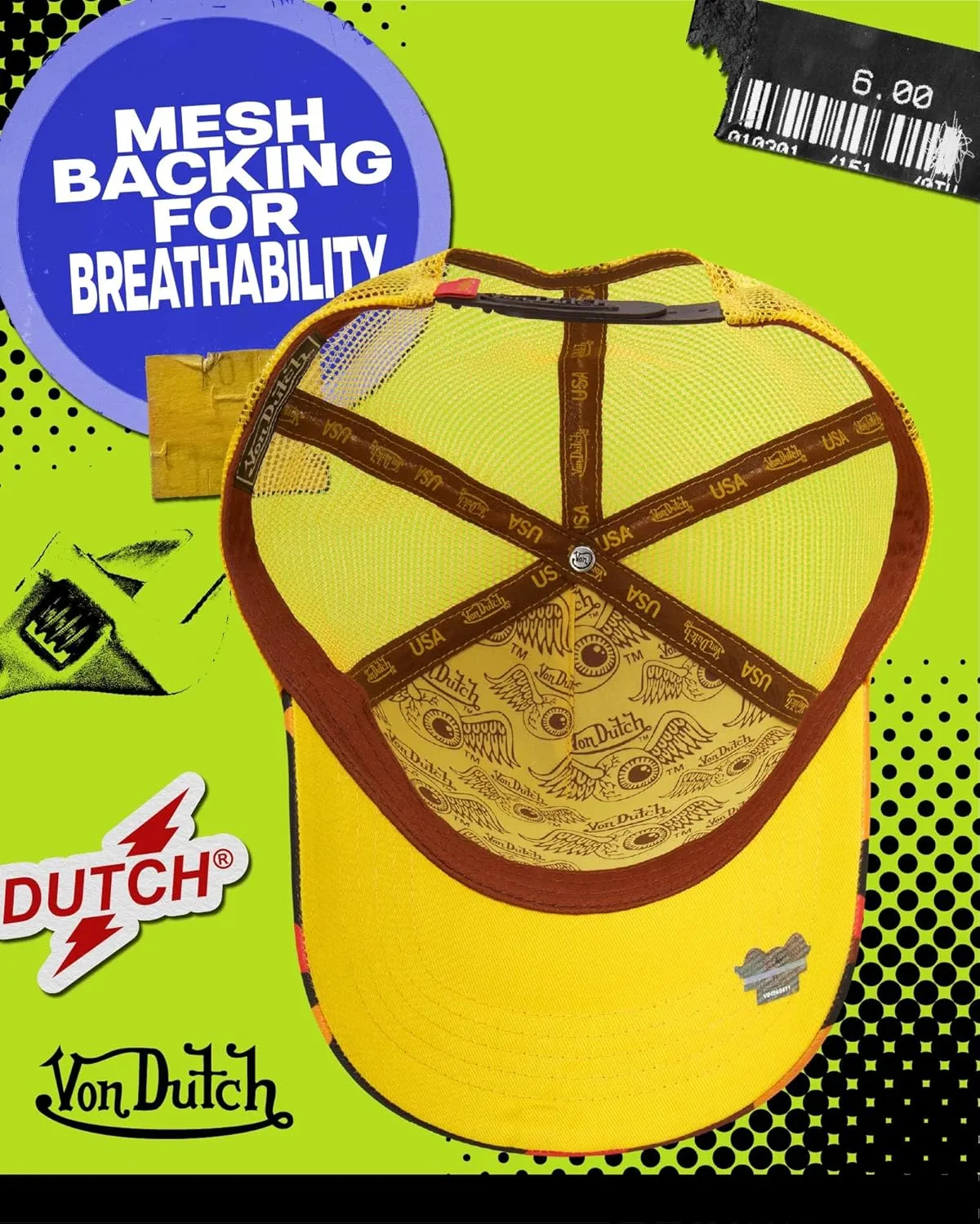 Von Dutch Monogram Trucker Cap - Retro Snapback Cap for Men and Women - Adjustable Snap Fit Panel, Mesh Rear, Curved Bill