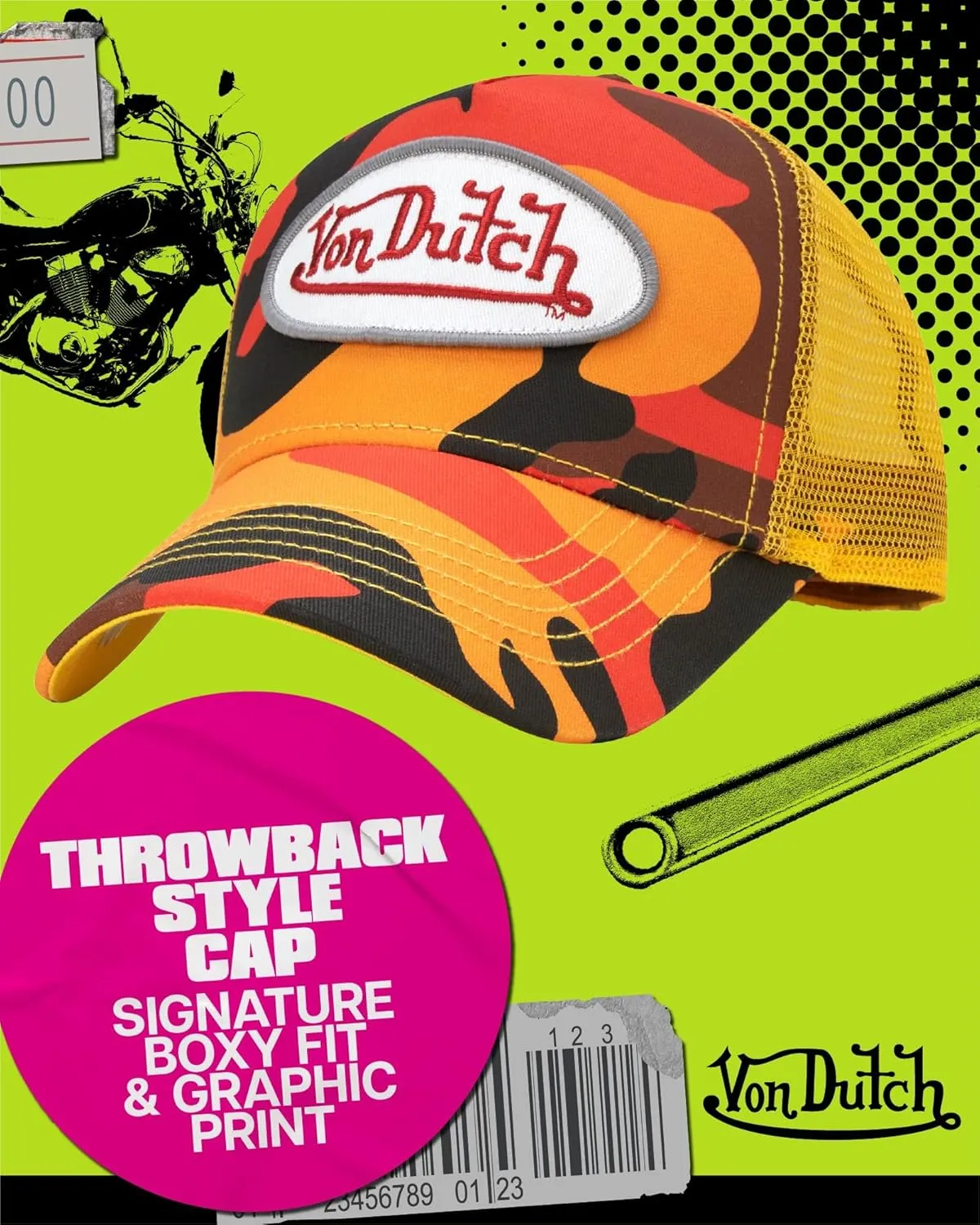 Von Dutch Monogram Trucker Cap - Retro Snapback Cap for Men and Women - Adjustable Snap Fit Panel, Mesh Rear, Curved Bill