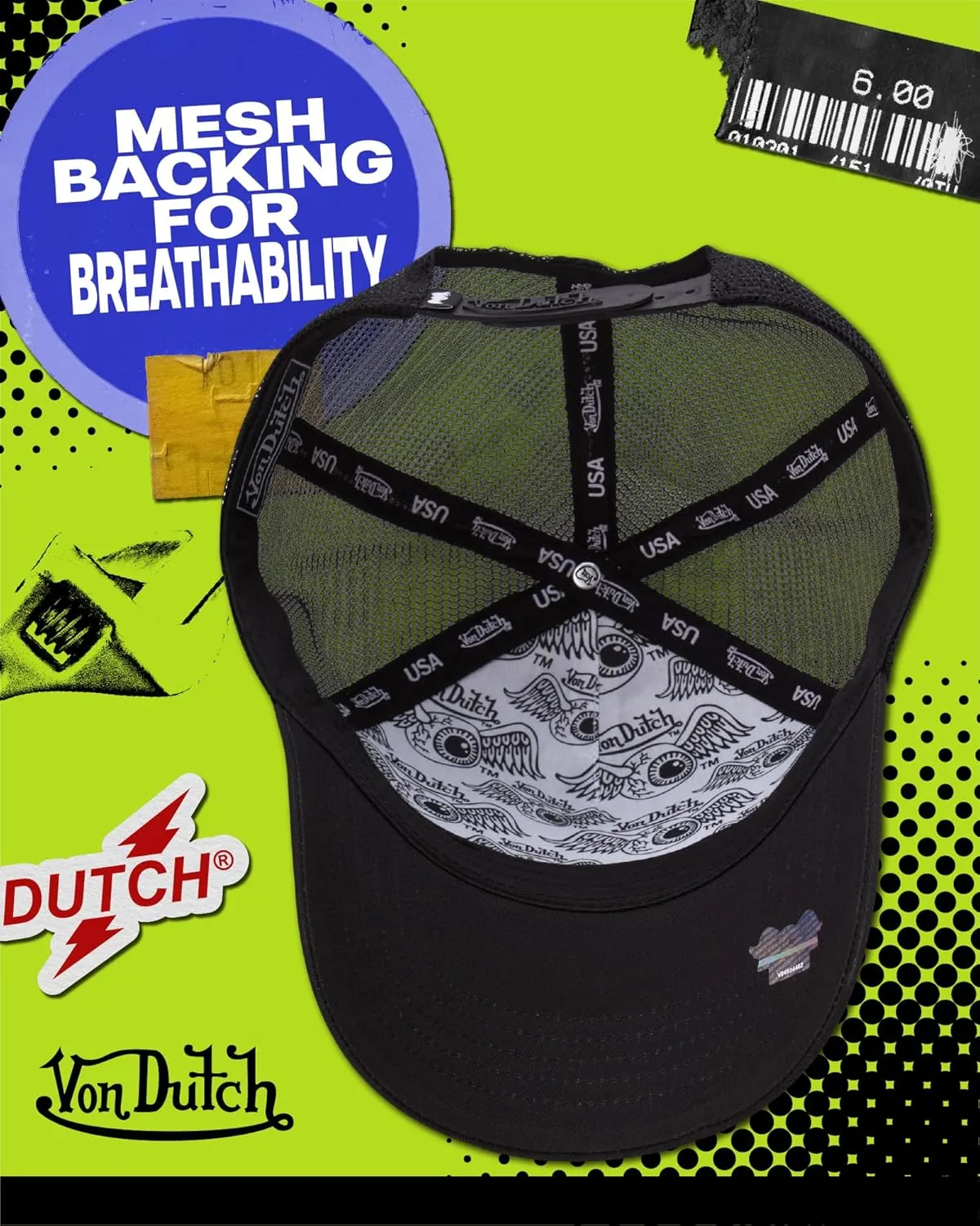 Von Dutch Unisex Trucker Hat - Curved Bill Mesh Back Retro Classic Adjustable Snapback Baseball Cap for Men and Women
