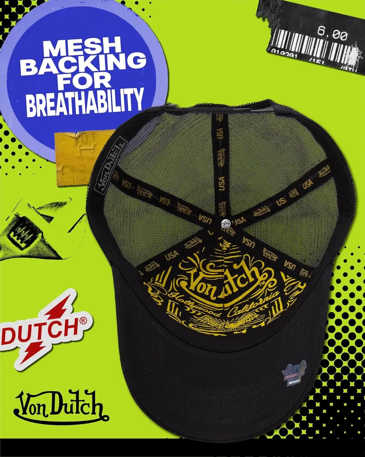 Von Dutch Unisex Trucker Hat - Curved Bill Mesh Back Retro Classic Adjustable Snapback Baseball Cap for Men and Women
