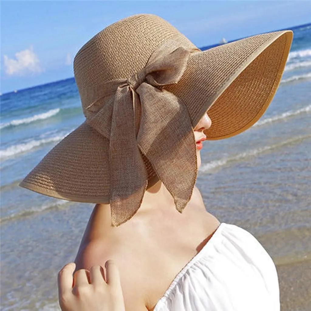 Wide Floppy Women Brim Beach Bowknot Folding Hat Straw Brim Sun Hats Big Cap Baseball Lightweight Hats Men