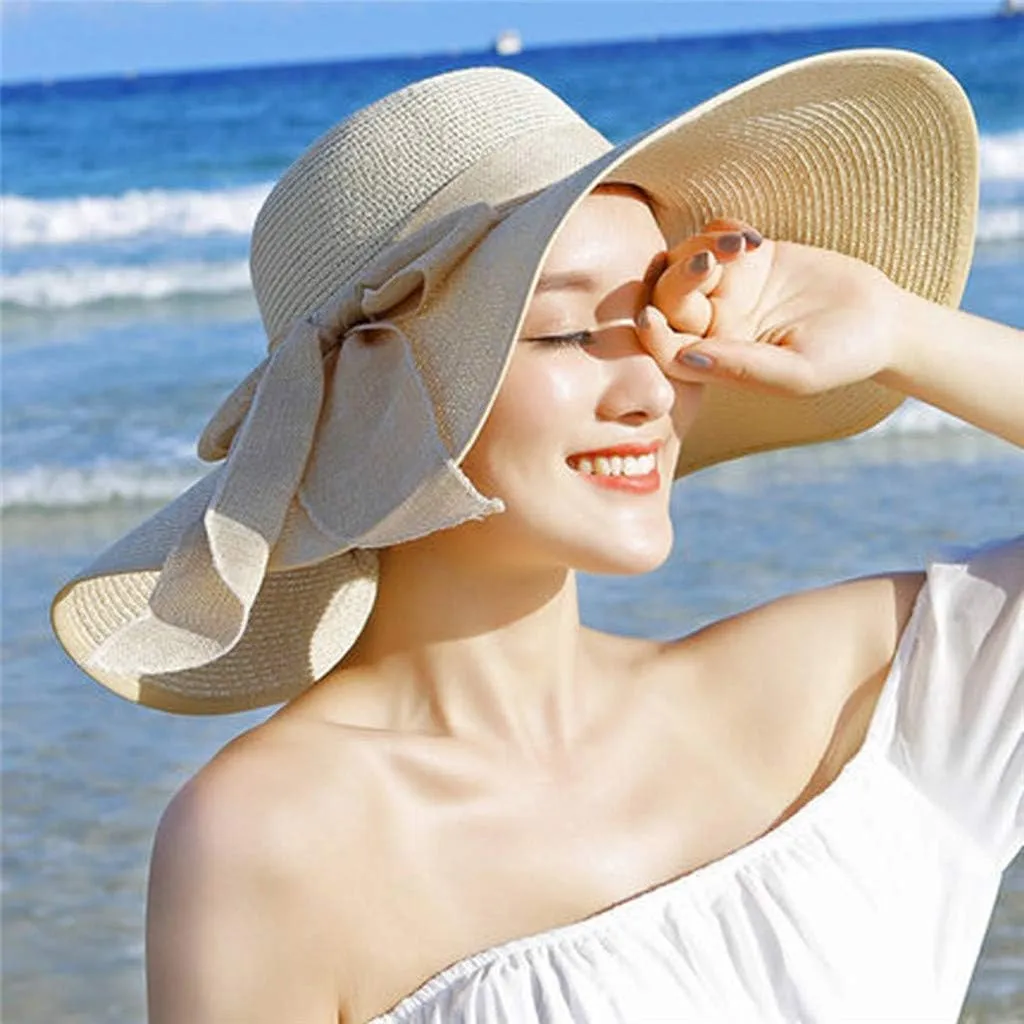 Wide Floppy Women Brim Beach Bowknot Folding Hat Straw Brim Sun Hats Big Cap Baseball Lightweight Hats Men