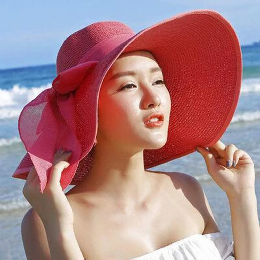 Wide Floppy Women Brim Beach Bowknot Folding Hat Straw Brim Sun Hats Big Cap Baseball Lightweight Hats Men