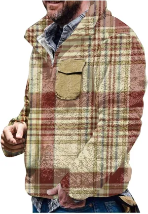 Winter Coats for Men,Mens Plaid Vintage Fuzzy Sherpa Pullover Sweatshirt Fleece Jacket Winter Long Sleeve Sweater with Pocket