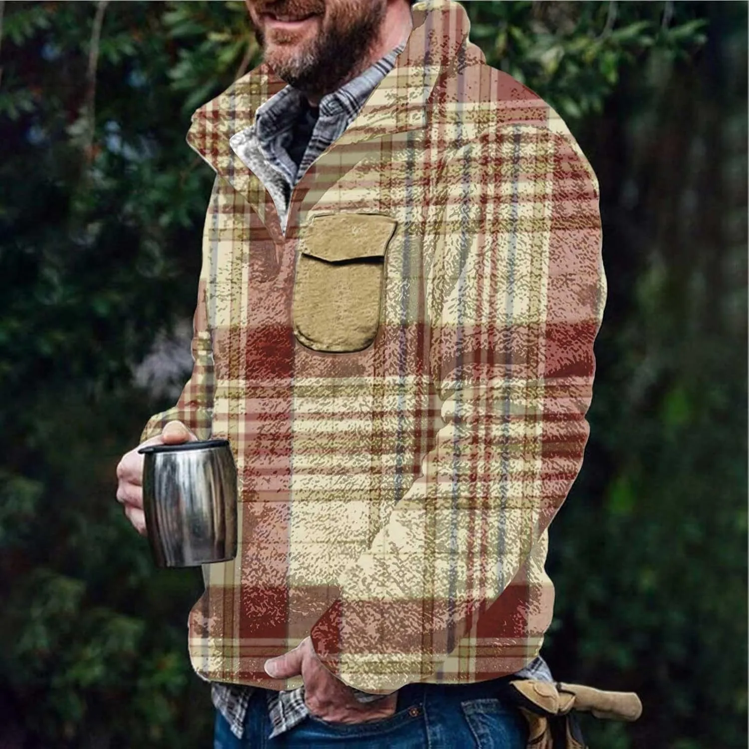 Winter Coats for Men,Mens Plaid Vintage Fuzzy Sherpa Pullover Sweatshirt Fleece Jacket Winter Long Sleeve Sweater with Pocket