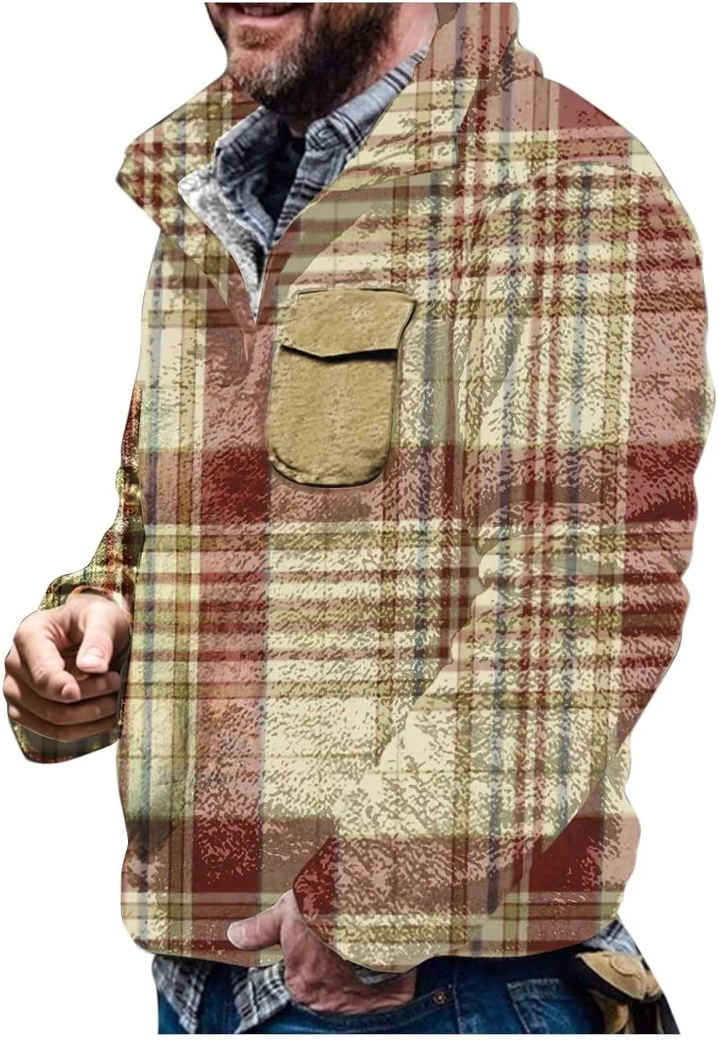 Winter Coats for Men,Mens Plaid Vintage Fuzzy Sherpa Pullover Sweatshirt Fleece Jacket Winter Long Sleeve Sweater with Pocket