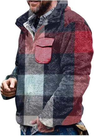 Winter Coats for Men,Mens Plaid Vintage Fuzzy Sherpa Pullover Sweatshirt Fleece Jacket Winter Long Sleeve Sweater with Pocket
