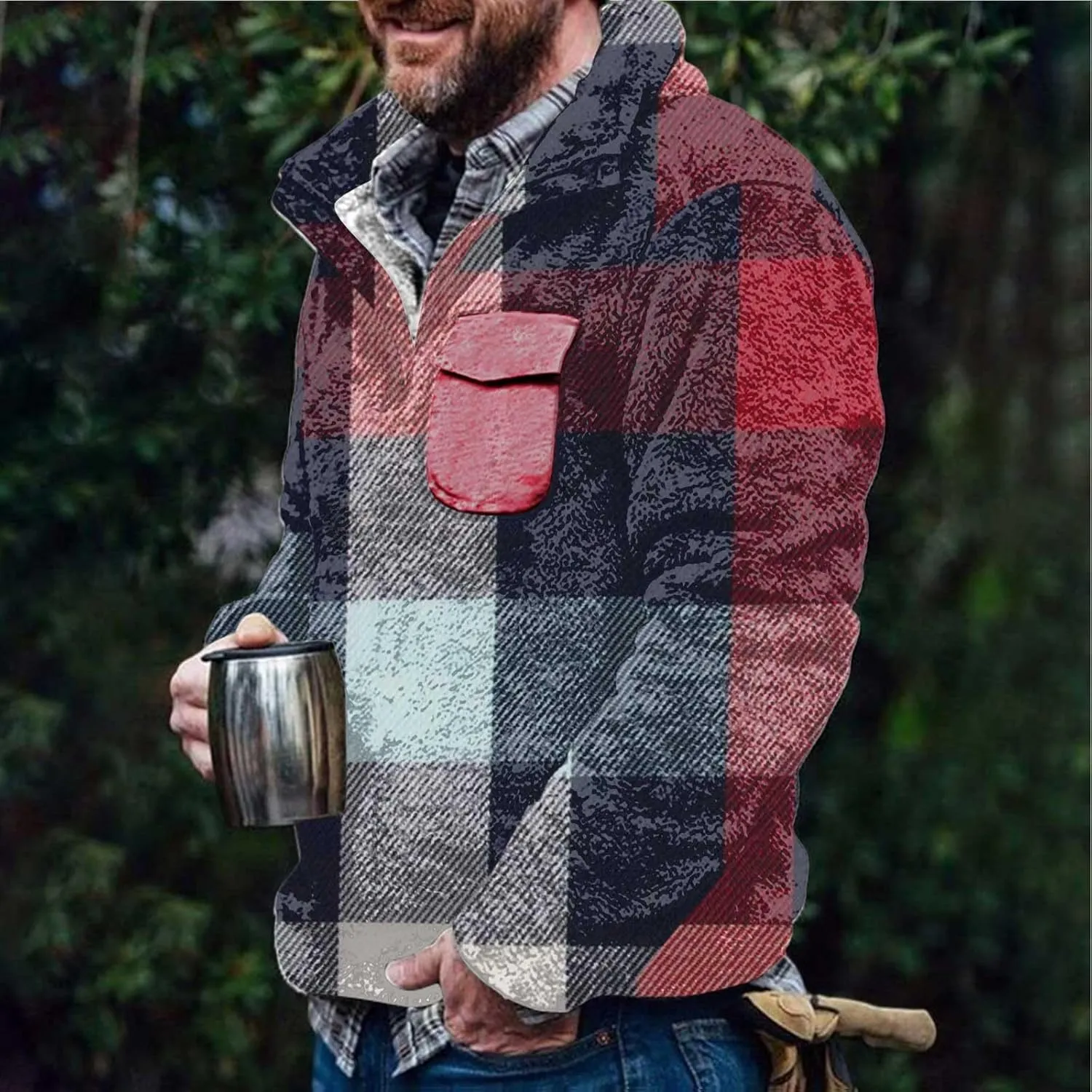Winter Coats for Men,Mens Plaid Vintage Fuzzy Sherpa Pullover Sweatshirt Fleece Jacket Winter Long Sleeve Sweater with Pocket