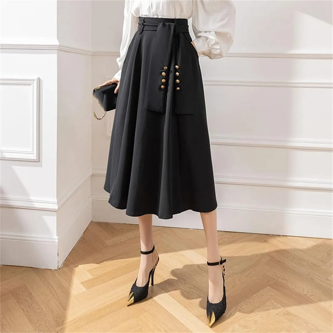 Women Buttons Skirts High Waist Length Solid Casual Skirts A-Line