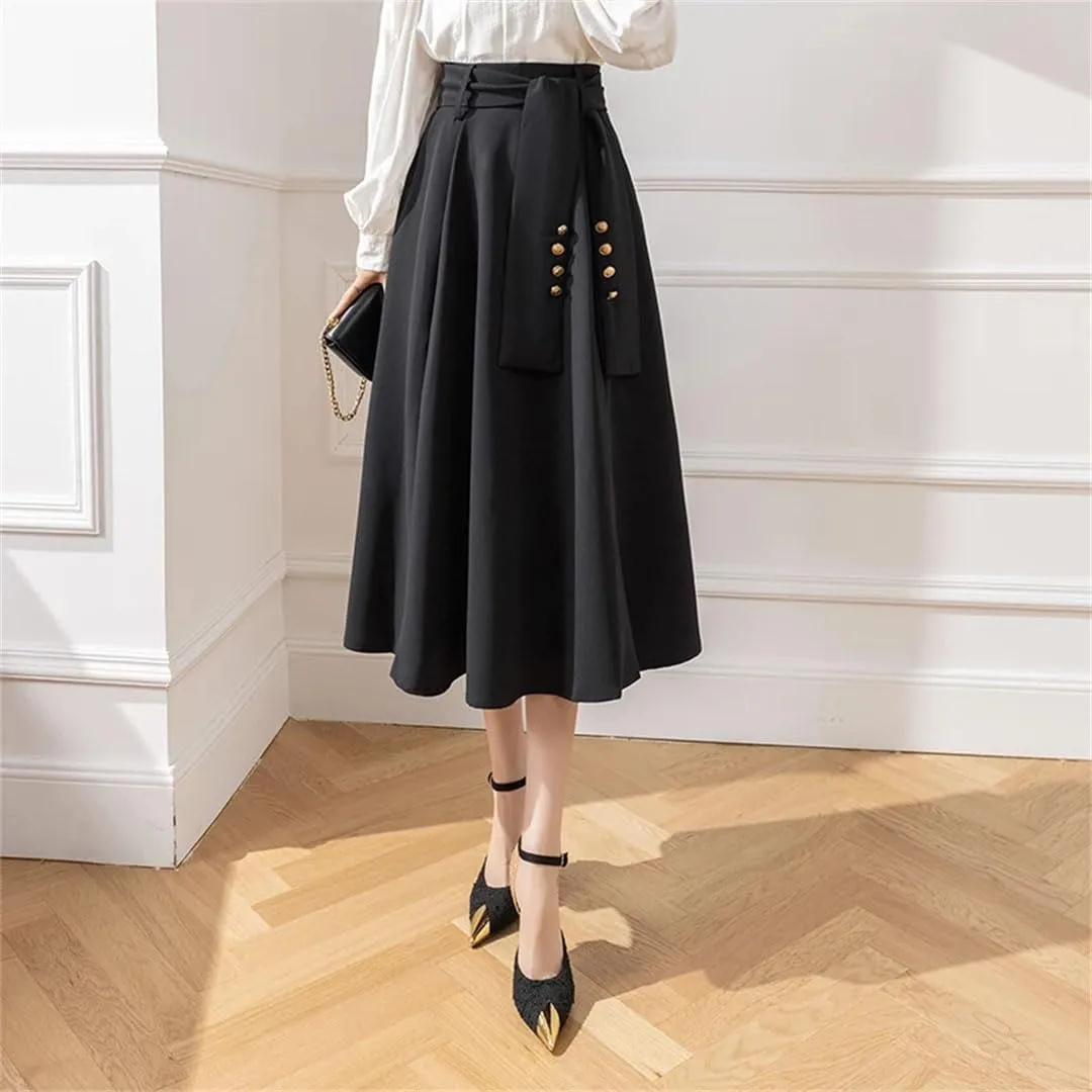 Women Buttons Skirts High Waist Length Solid Casual Skirts A-Line