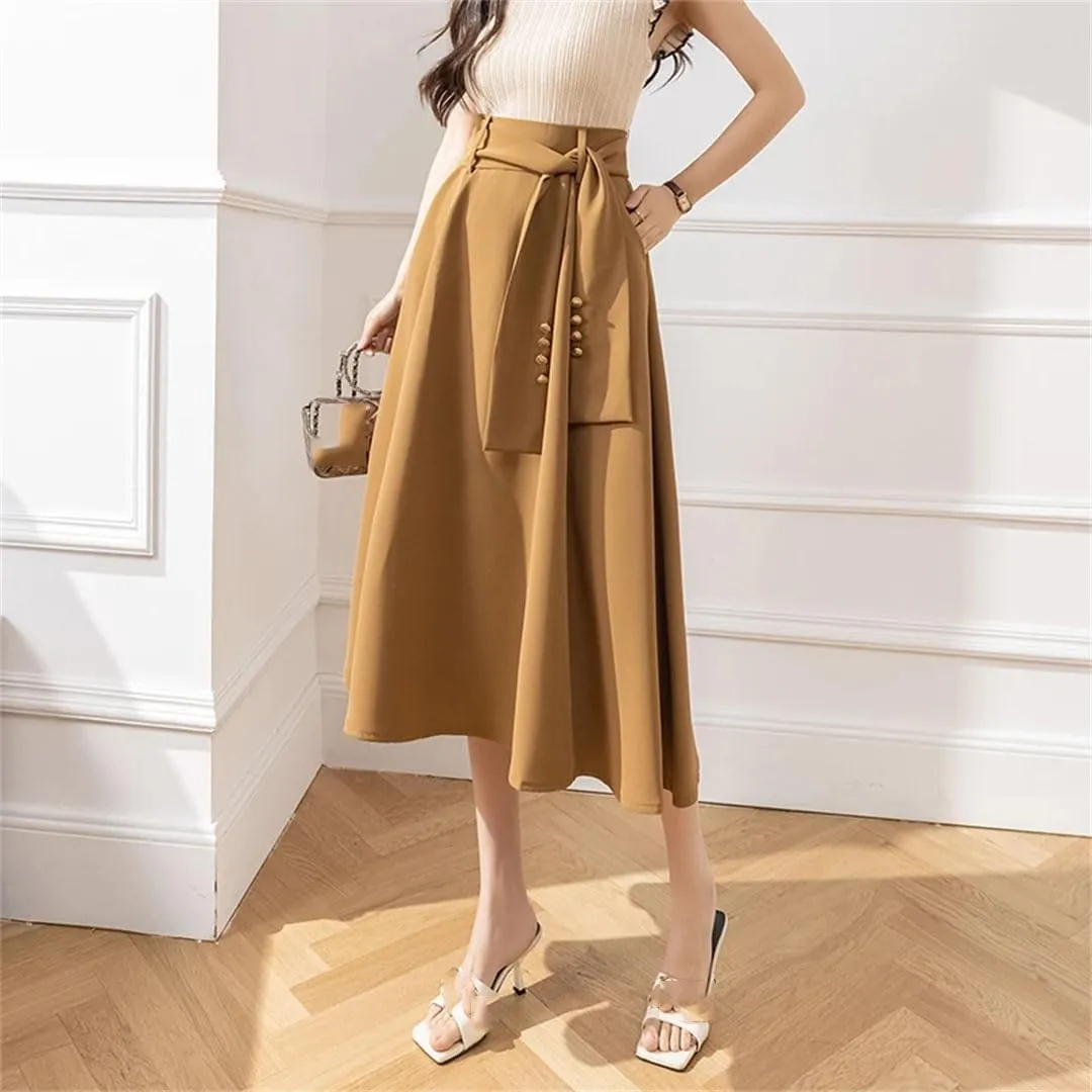 Women Buttons Skirts High Waist Length Solid Casual Skirts A-Line