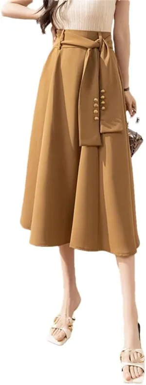 Women Buttons Skirts High Waist Length Solid Casual Skirts A-Line