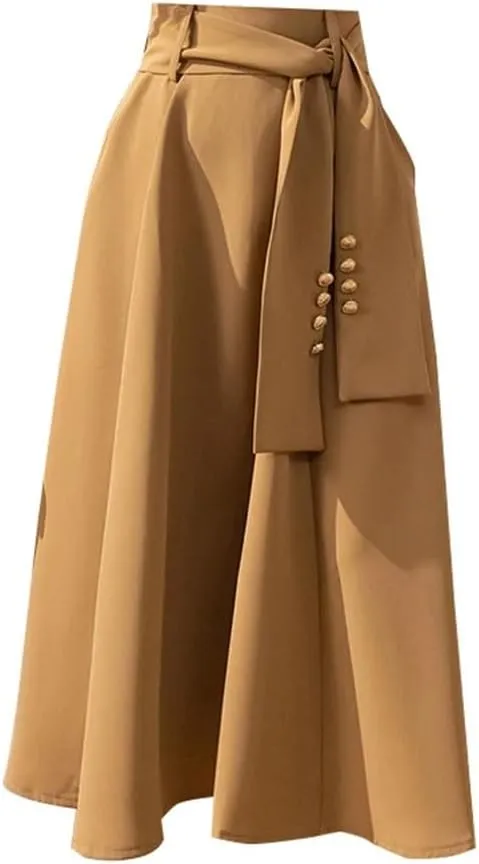Women Buttons Skirts High Waist Length Solid Casual Skirts A-Line
