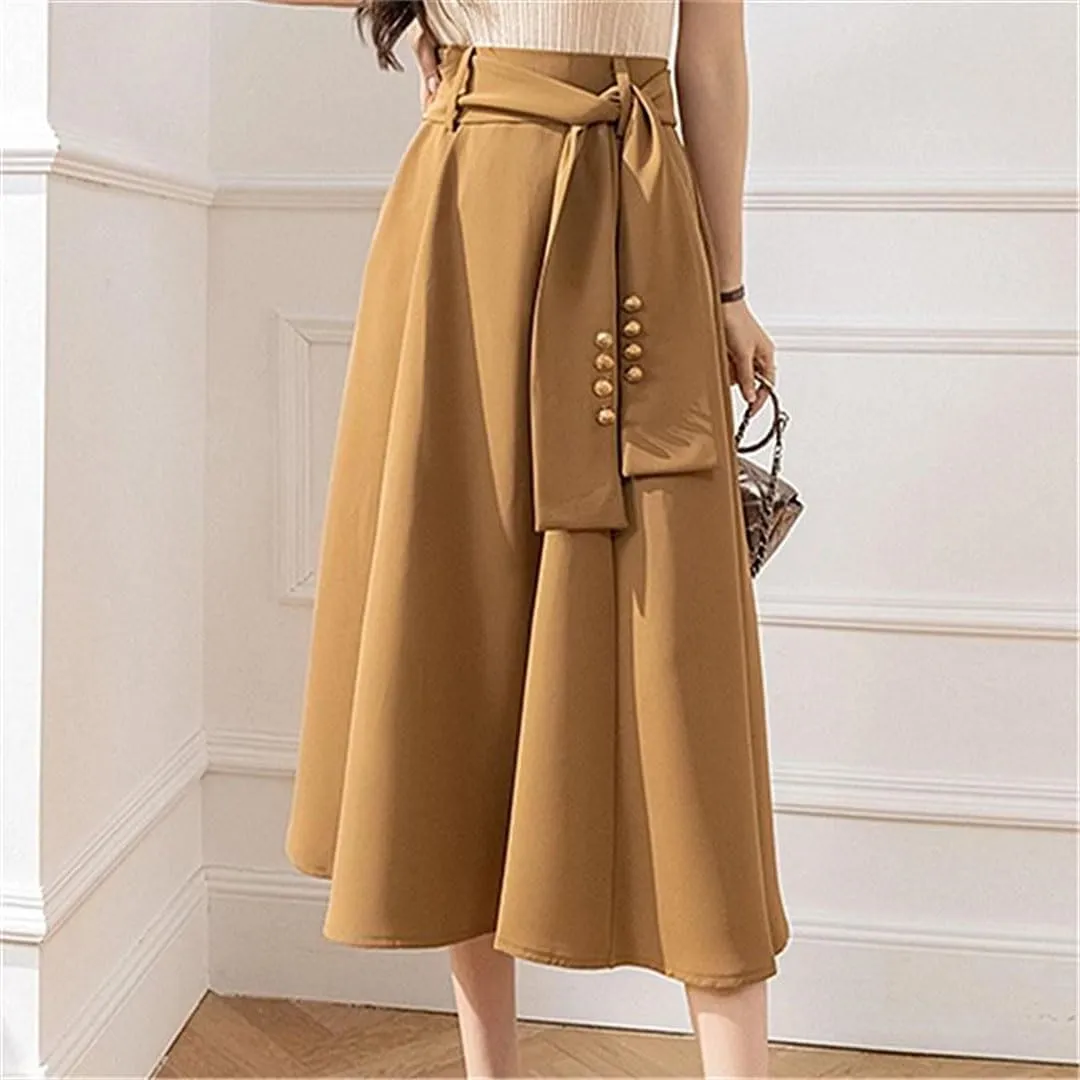 Women Buttons Skirts High Waist Length Solid Casual Skirts A-Line