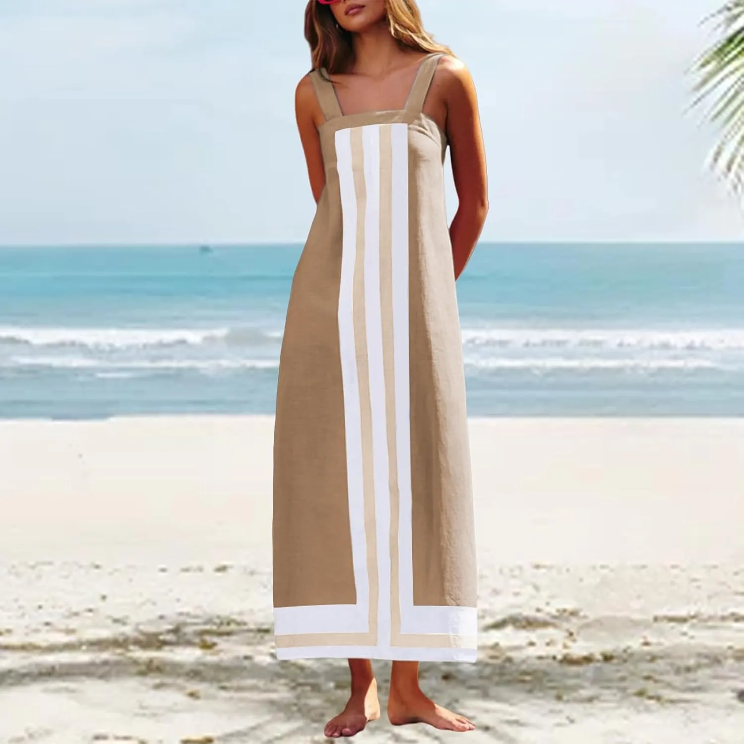 Women Casual Bohe Floral Dress Summer Casual Color Block Beach Sundress Shoulder Strap Vacation Maxi Dress Coverups