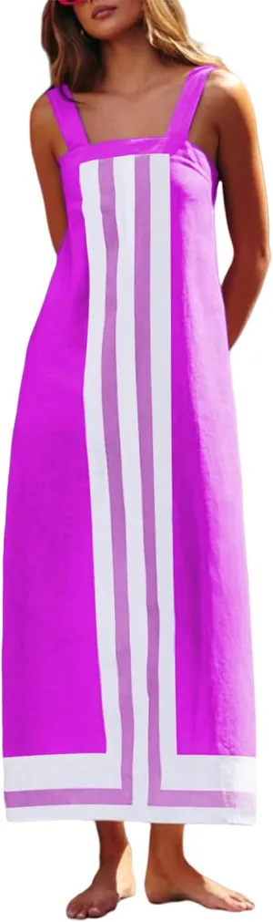 Women Casual Bohe Floral Dress Summer Casual Color Block Beach Sundress Shoulder Strap Vacation Maxi Dress Coverups