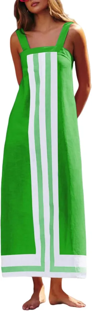 Women Casual Bohe Floral Dress Summer Casual Color Block Beach Sundress Shoulder Strap Vacation Maxi Dress Coverups